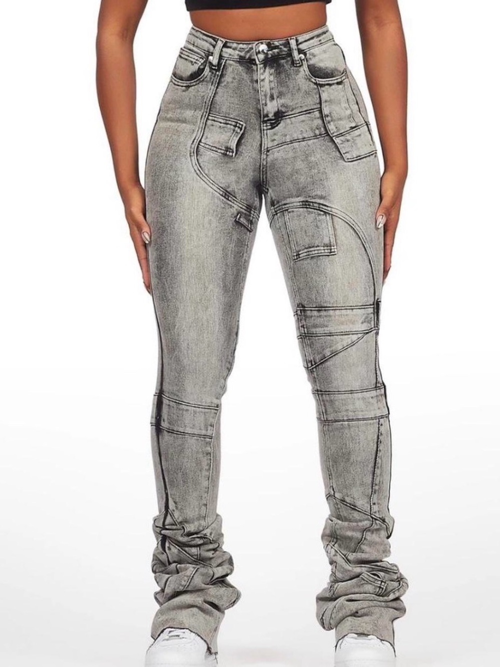 High-Rise Gray Sculpted Stitch Jeans for Women SMALL